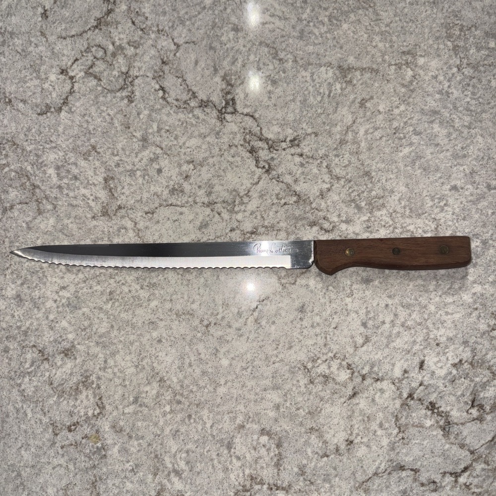 Vintage Pierre Santini Stainless Steel Serrated Carving Knife Wood Handle Japan